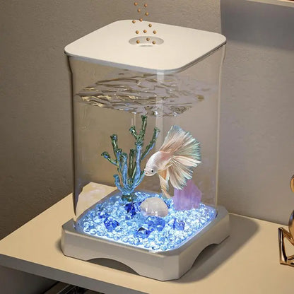 Betta Aquarium Tank 4K HD Desk Fish Tank Fish Bowl Small Aquarium Ornamental Aquarium Starter with LED Light for Home Offices